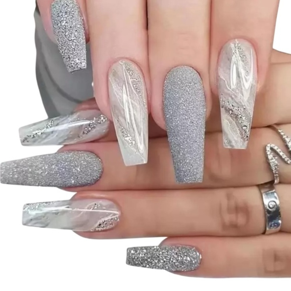 Silver and White Glitter Nail Set